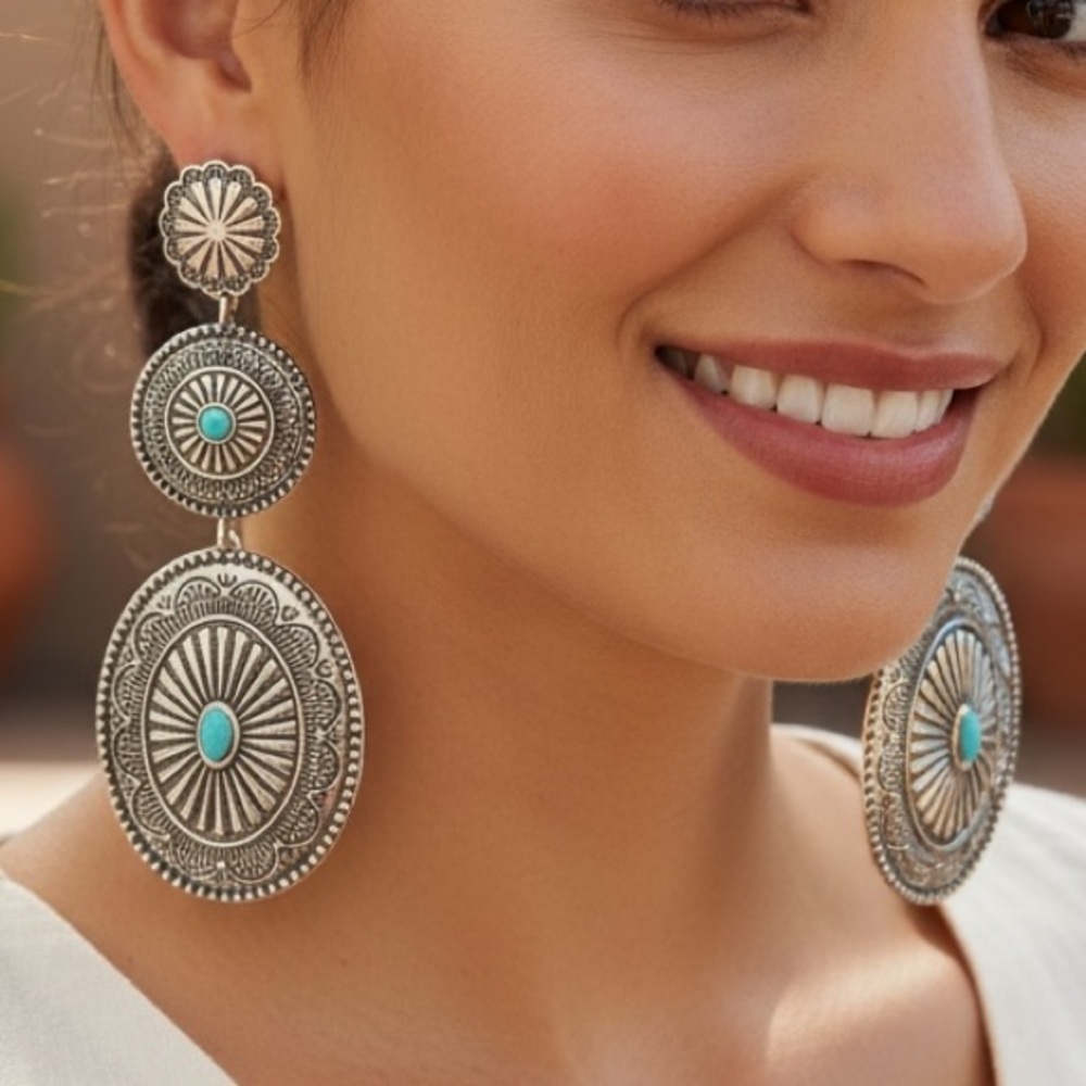 Southwestern Navajo Silver & Turquoise Concho Triple Drop Earrings
